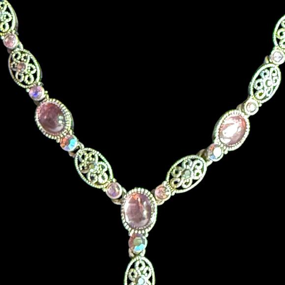 VTG Avon Silver Plate Filigree Cabochon AB Rhinstone Y Drop Lavaliere Necklace - Picture 5 of 16